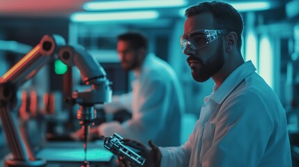  - scientist conducting research in a modern laboratory during the evening with advanced technology and