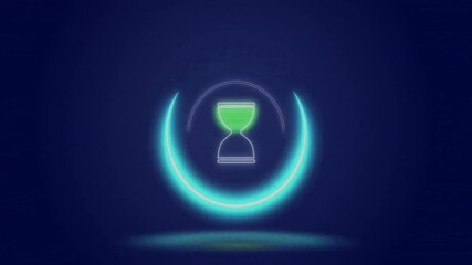 Poster - Animation of hourglass icon in circle processing over blue background