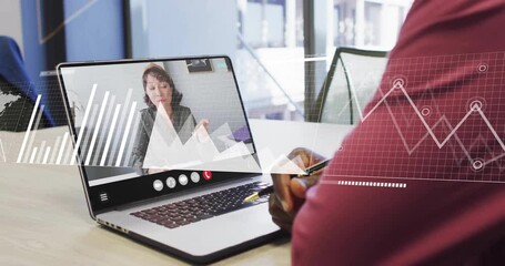 Poster - Animation of statistics data processing over diverse business people on laptop video call