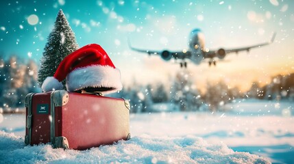 A Santa hat on a suitcase with a Christmas tree and snow, a passport, and a plane taking off. Great for designing logistics, transportation, and winter travel needs.