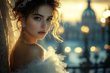 Paris bridal fashion shoot: A woman in a white bridal gown, posing elegantly with the Palais Garnier Opera House in the background, evening photo. Elegant. French. Fashion.