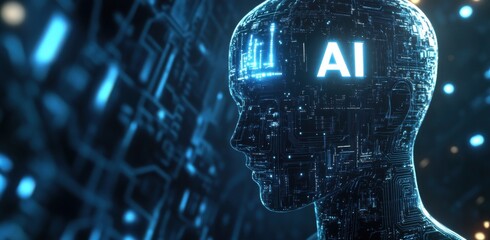 Poster - Futuristic AI robot with illuminated circuits and glowing AI letters on head in technological digital theme