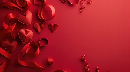 Craft paper hearts and ribbon on red background for Valentine s Day