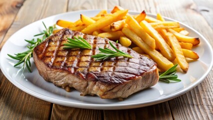 Wall Mural - Grilled steak and crispy french fries on a white plate, steak, food, meat, grill, beef, potatoes, delicious, restaurant, dinner