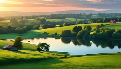 Wall Mural - Beautiful rural scenery, green fields and tranquil lakes complement each other, and red cabins in the distance, which look particularly warm in the sun.