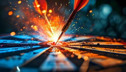 Precision in Action: Dart Striking Bullseye Amidst Vibrant Sparks and Blue-Orange Lighting