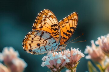 macro photograph of a vibrant leopard butterfly perched delicately on a wild flower its intricate wing patterns highlighted by soft natural light in a serene meadow setting