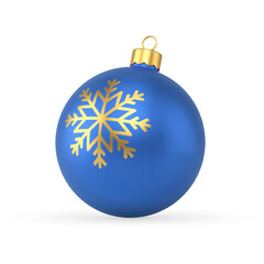 Wall Mural - Christmas tree toy realistic vector illustration. Blue New Year ball decorated by golden snowflake and loop for hanged isolated on white. Traditional winter festive holiday decor design template