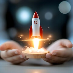 Launch of a red rocket space background, made of wood, held by children's hands (1)