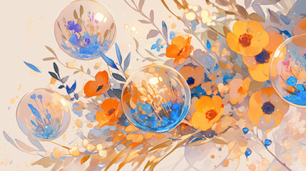 Poster - A beautifully illustrated floral arrangement featuring vibrant orange flowers and delicate bubbles, creating a whimsical and cheerful atmosphere in soft colors.