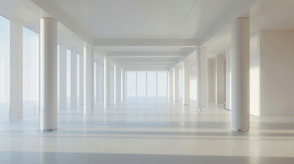 Poster - A spacious and minimalist interior, showcasing tall white pillars and large windows that flood the room with natural light, creating an airy and open atmosphere.