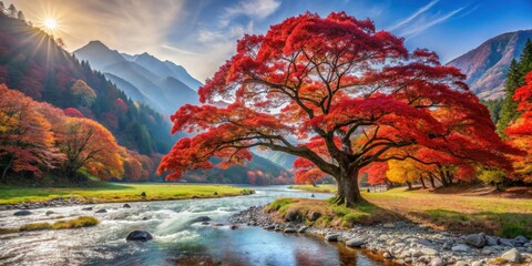 Wall Mural - Big tree with red leaves next to a stream at the foot of the mountain, nature, landscape, autumn, wilderness, scenic