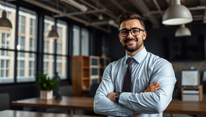 Business, people and office concept smiling businessman with crossed arms in meeting, teamwork success motivation. Entrepreneur standing leadership cooperation. Achievement, trust, handshake ideas.