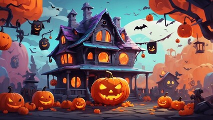 Wall Mural - animated Halloween-themed  featuring a spooky haunted house. The house is surrounded by pumpkins, flying bats, and a full moon in the background.