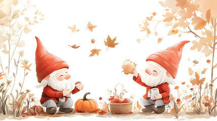 Wall Mural - Gnomes in autumn garden harvesting and decorating