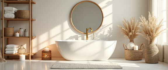 Sticker - Modern Bathroom Interior with Freestanding Tub and Pampas Grass