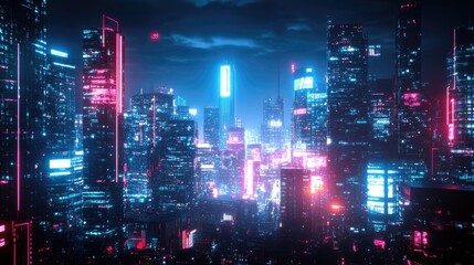 Poster - 3d render of Cyber punk night city landscape concept. Light glowing on dark scene. Night life. Technology network for 5g. Beyond generation and futuristic of Sci-Fi Capital city and building scene.