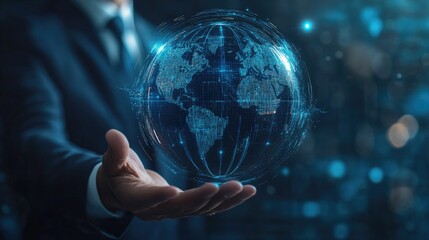 Poster - A visionary businessman extends his hand to a holographic globe, symbolizing cutting-edge global connectivity and the future of globalization. The holographic globe with digital data streams