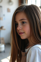 Canvas Print - Young Girl with Long Brown Hair Looking Away