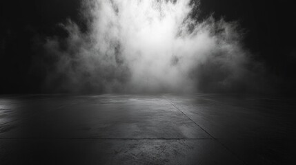 Poster - Abstract image of dark room concrete floor. Black room or stage background for product placement.Panoramic view of the abstract fog. White cloudiness, mist or smog moves on black background.