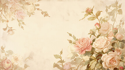 Poster - A vintage floral illustration featuring soft pink roses and green leaves, creating a romantic and nostalgic ambiance with a classic touch.
