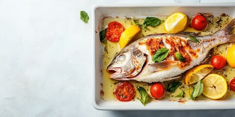 Delicious whole grilled fish garnished with fresh herbs, lemon slices, and cherry tomatoes on a white baking dish.