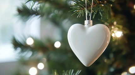 Wall Mural - white heart-shaped ceramic tag hanging on christmas tree with blurred background mockup