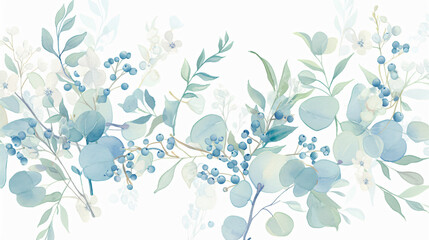 Poster - A delicate illustration of soft blue leaves and berries, creating a serene and tranquil atmosphere with a blend of pastel colors, perfect for a calming design aesthetic.