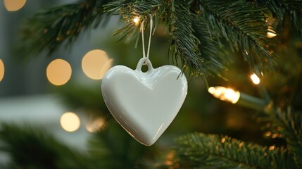Wall Mural - white heart-shaped ceramic tag hanging on christmas tree with blurred background mockup