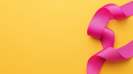 Wall Mural - Pink ribbon in the shape of an infinity loop, placed on a simple pastel yellow background.