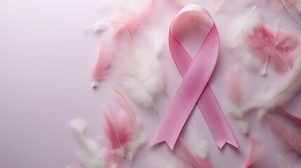 Wall Mural - Pink ribbon surrounded by soft white feathers on a solid light purple background.