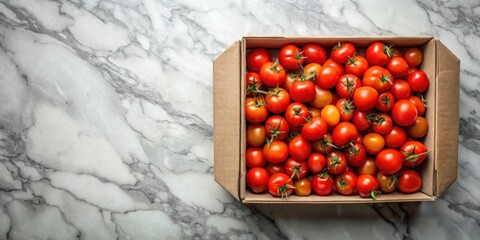 Wall Mural - A box full of tomatoes on marble background, tomatoes, box, fresh, ripe, red, vegetables, organic, harvest, agriculture, healthy