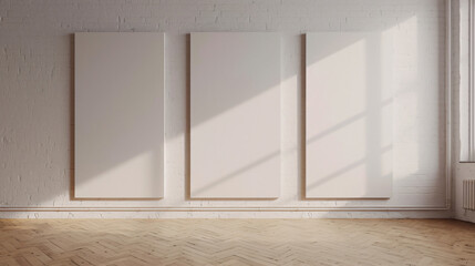 Poster - A minimalistic interior scene showcasing three blank canvases against a sunlit wall, creating a clean and serene atmosphere perfect for artistic inspiration.