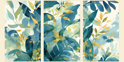 Poster - A vibrant triptych depicting lush green leaves intertwined with golden accents. The artwork captures the essence of nature and freshness in an elegant style.