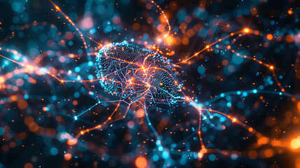 Poster - An abstract digital representation of interconnected neurons emitting glowing blue and orange lights, symbolizing brain activity and technology.