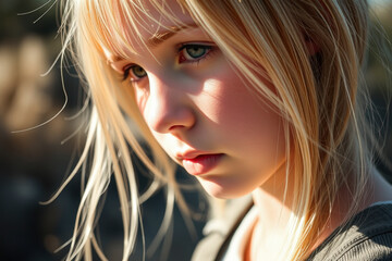 Wall Mural - Close-up of a young girl with blonde hair and blue eyes