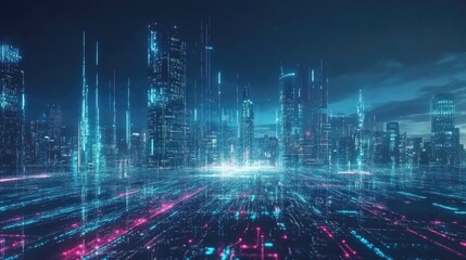 Poster - Big data connection technology. Cityscape telecommunication and communication network concept