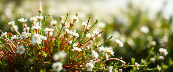 Wall Mural - Delicate White Flowers in a Field of Green