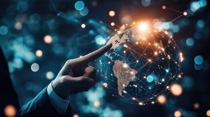 Poster - Business development to success and growth of banking and financial on global network. Businessman hold pointing arrow up and graph corporate future growth plan on network structure of business.