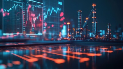 Poster - Business people analysing the data, stock market report on oil and gas prices. Financial dashboard with business intelligence key performance indicators. Oil supply industry 3d rendering illustration