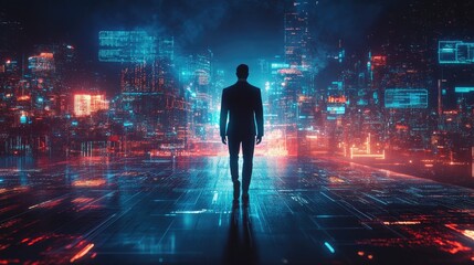Poster - Business technology concept, Professional business man walking on future Pattaya city background and futuristic interface graphic at night, Cyberpunk color style