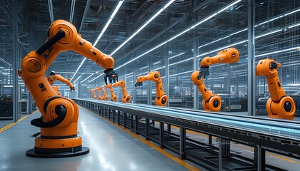 Futuristic manufacturing environment with holographic technology and robotic automation enhancing production efficiency under soft industrial lighting