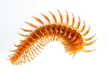 A close-up of an orange marine polychaete worm highlighting its segmented body and bristle-like appendages for educational purposes.