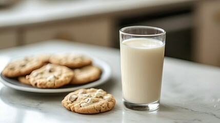 Wall Mural - A glass of cold milk on a kitchen counter next to a plate of freshly baked cookies.