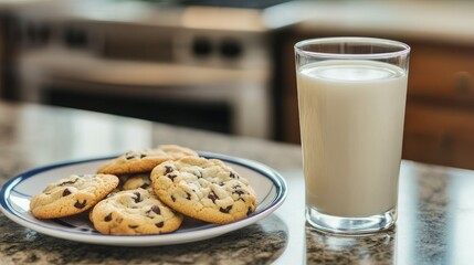 Wall Mural - A glass of cold milk on a kitchen counter next to a plate of freshly baked cookies.