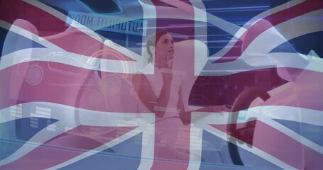 Poster - Animation of flag of uk over caucasian woman sitting in modern car