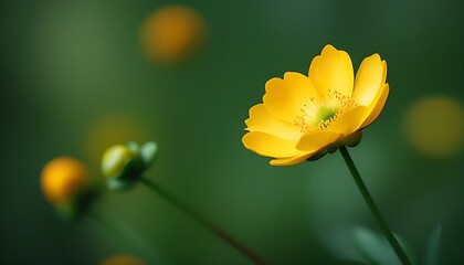 Wall Mural - A blooming yellow flower with a green background sets off the brightness of the flower and shows the beauty and vitality of nature.