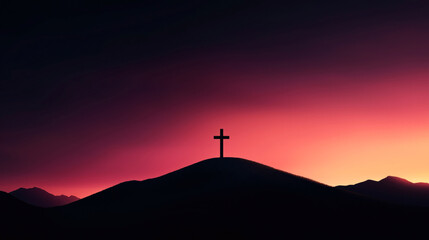 Wall Mural - A silhouette of a cross on a hilltop against a vivid sunset or sunrise sky, with a gradient of colors transitioning from deep purple to bright orange.