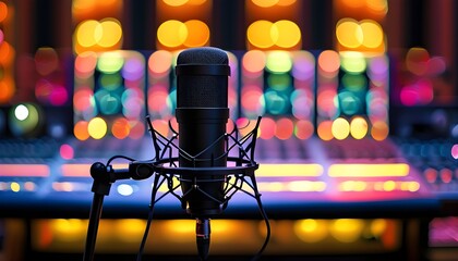 Sophisticated microphone poised for recording with vibrant bokeh from mixing equipment lights in the background