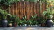 © Lamina - Tall bamboo fence with potted tropical plants creates a serene, natural backdrop in outdoor space. The lush greenery adds calm and beauty to the environment.